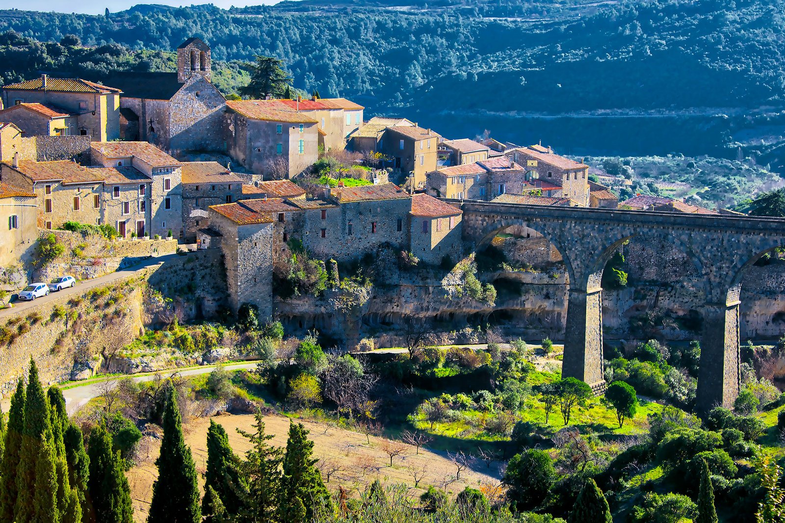 Minerve medieval village France perched on canyon cliffs Cathar history